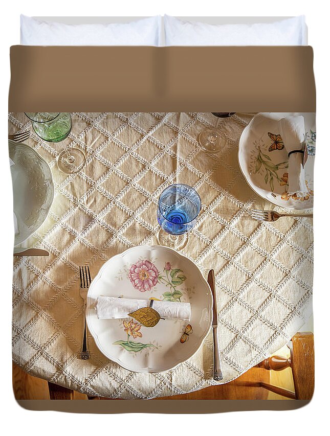 Arranging Duvet Cover featuring the photograph Nice autumn tablesetting ready for a holiday meal. by Kyle Lee
