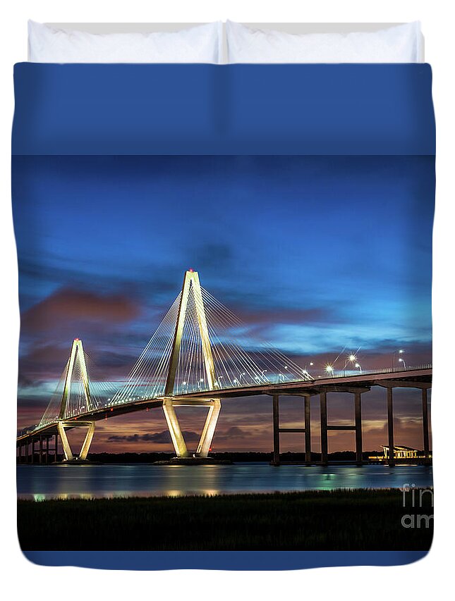 Charleston Duvet Cover featuring the photograph Night At Arthur Ravenel Bridge by Jennifer White