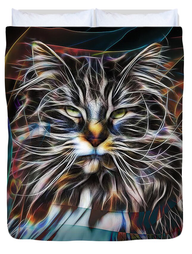 Cat Duvet Cover featuring the digital art Night Hunter by Studio B Prints