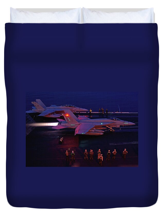 Uss Duvet Cover featuring the photograph Night Launch - USS Kitty Hawk by Tim Beach
