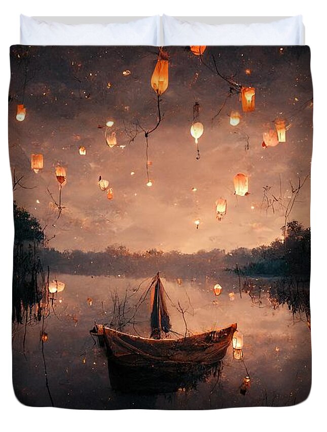 Boat Duvet Cover featuring the digital art Night Lights by Nickleen Mosher