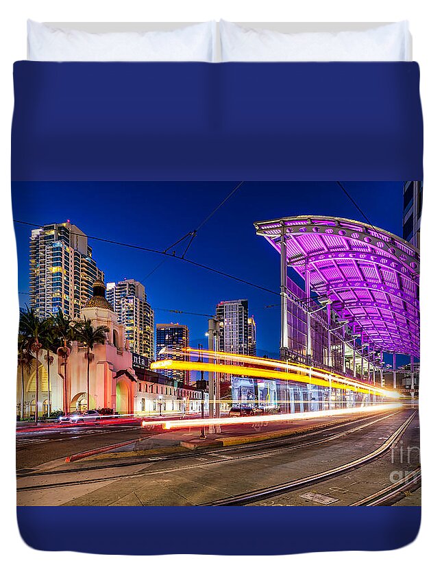 Track Duvet Cover featuring the photograph Night Lights of Urban Transportation by Sam Antonio