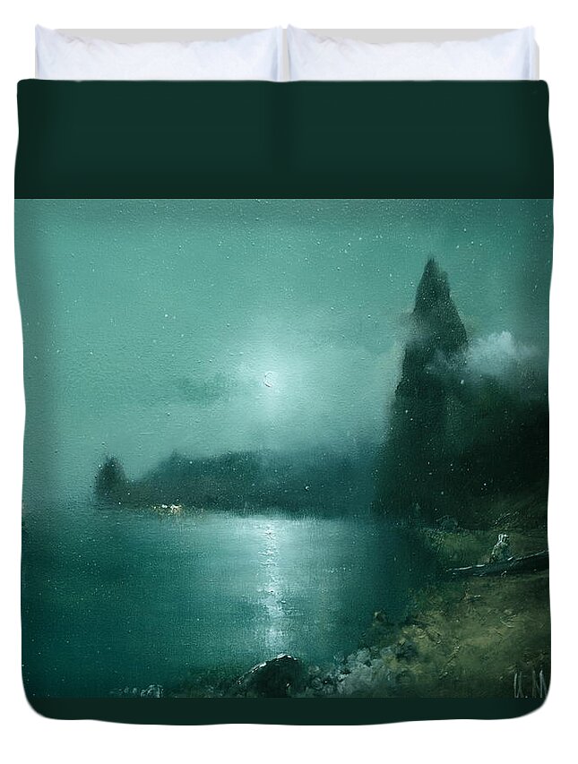 Russian Artists New Wave Duvet Cover featuring the painting Night over Seashore by Igor Medvedev