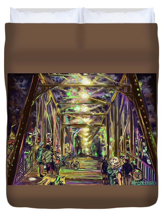 Cycling Art Duvet Cover featuring the digital art Night Ride, Hays Street Bridge by Angela Weddle