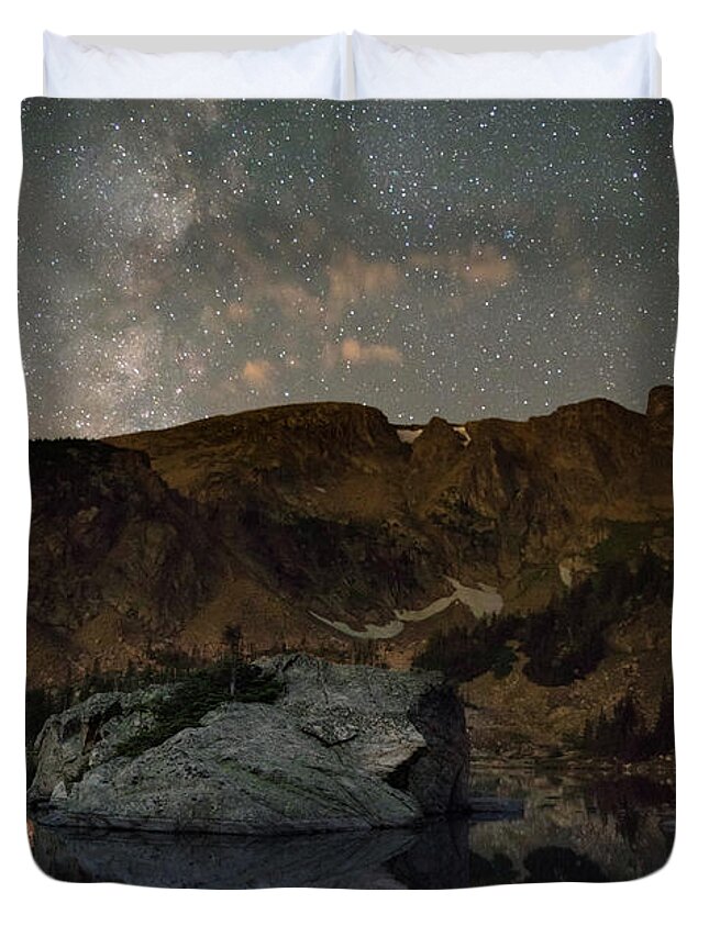 Indian Peaks Wilderness Duvet Cover featuring the photograph Night sky over Forest Lake, Colorado by Keith Kapple