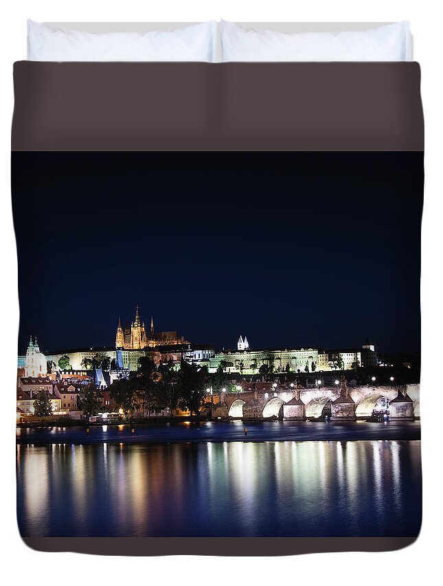 Lamps Duvet Cover featuring the photograph Night view of the old town of Prague with Prague Castle by Vaclav Sonnek