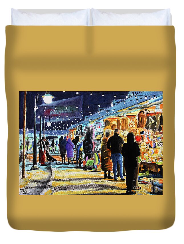 Painting Duvet Cover featuring the painting Nighttime Shopping by James Ackley