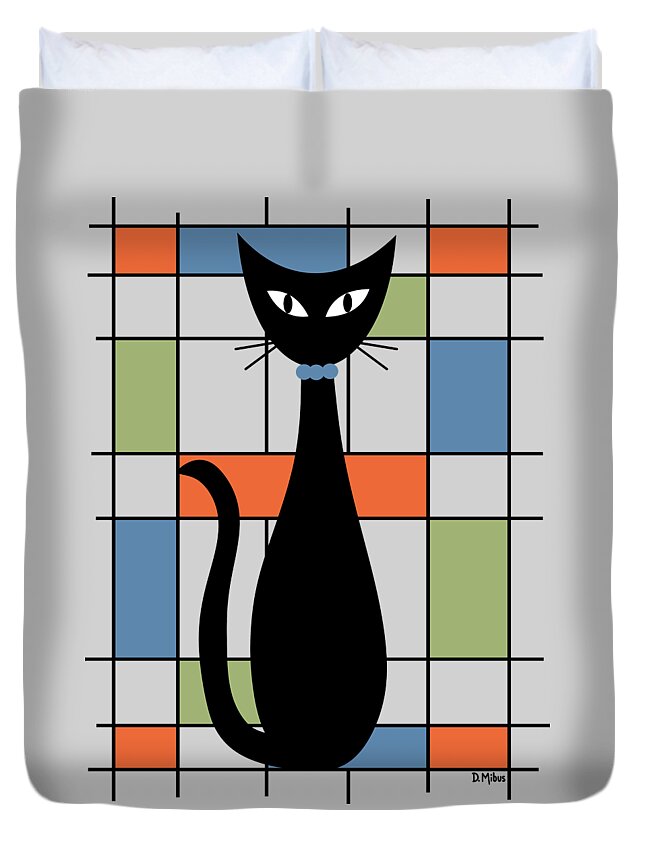 Abstract Black Cat Duvet Cover featuring the digital art No Background Mondrian Abstract Cat 1 by Donna Mibus