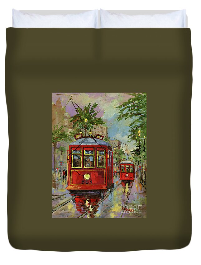 New Orleans Street Duvet Cover featuring the painting NOLA Red Ladies by Dianne Parks