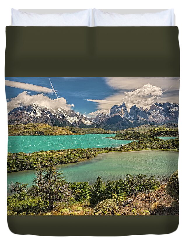 Andes Duvet Cover featuring the photograph Nordenskjold lake view Paine Grande los Cuernos and Monte Almi by Henri Leduc