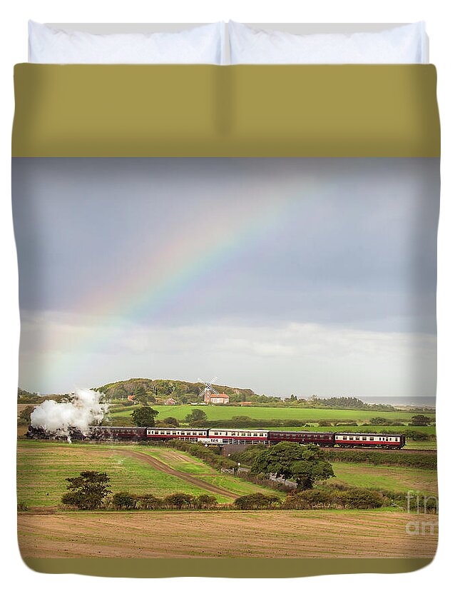 Weybourne Duvet Cover featuring the photograph Norfolk steam train with Weybourne windmill and rainbow by Simon Bratt