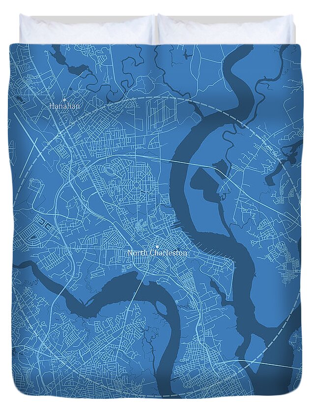 South Carolina Duvet Cover featuring the digital art North Charleston SC City Vector Road Map Blue Text by Frank Ramspott
