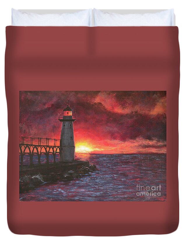North Pierhead Duvet Cover featuring the painting North Pierhead Lighthouse by Zan Savage