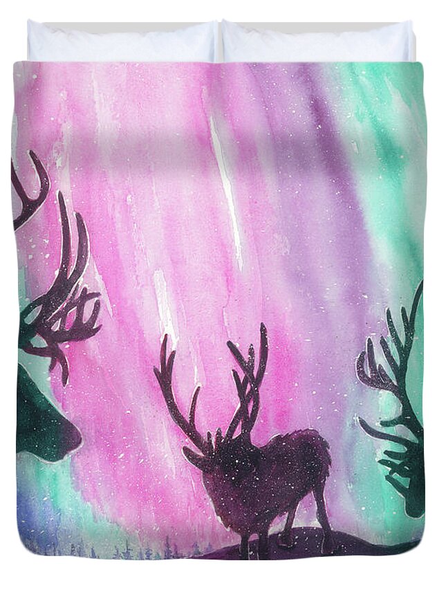 Reindeer Duvet Cover featuring the painting North Pole Nightlife by Lori Taylor