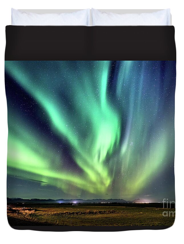 Iceland Duvet Cover featuring the photograph Northern lights, Aurora Borealis in the night sky, Iceland. Thes by Jane Rix
