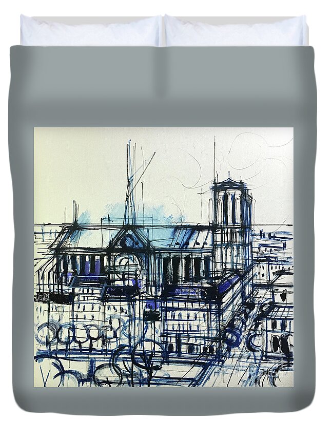 Notre Dame De Paris Duvet Cover featuring the painting Notre Dame de Paris oil painting sketch by Mona Edulesco