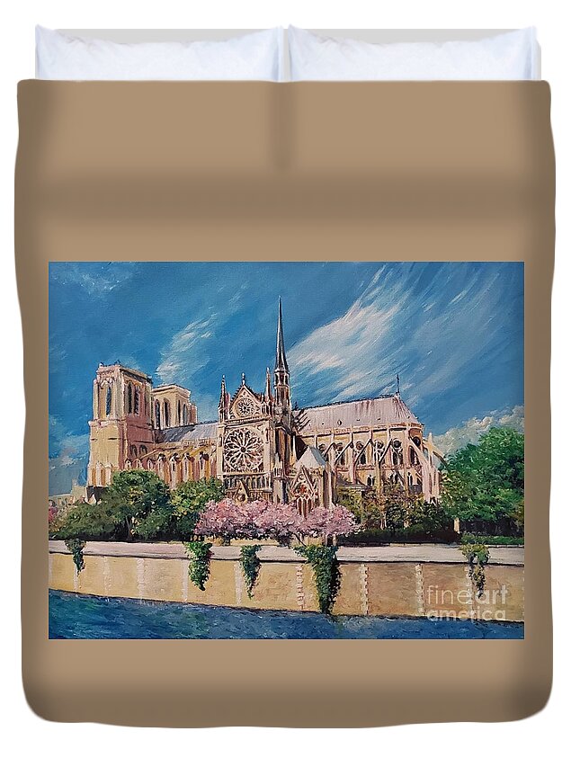 Notre Dame Duvet Cover featuring the painting Notre Dame by Merana Cadorette