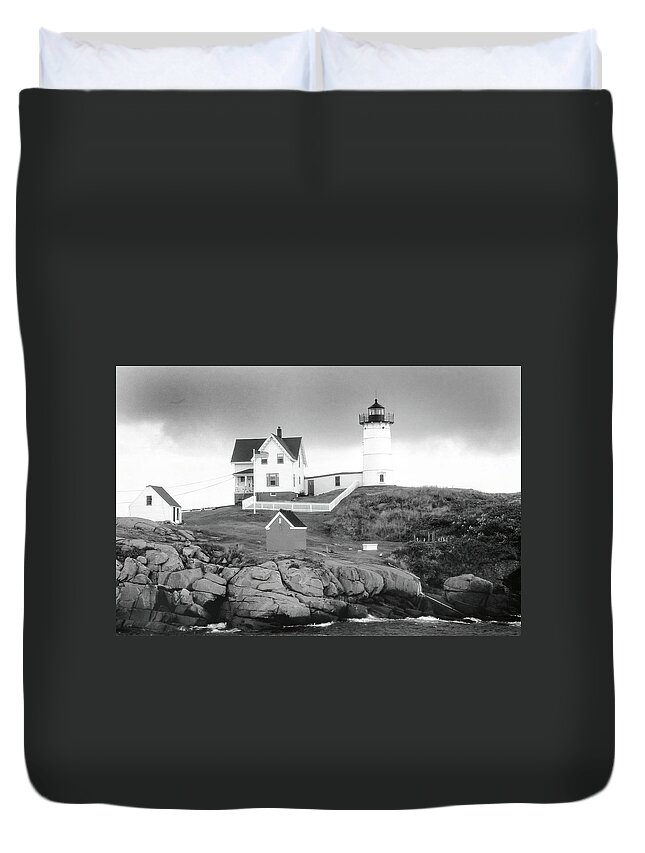 Maine Duvet Cover featuring the photograph Nubble Light, Maine in Monochrome by Jerry Griffin