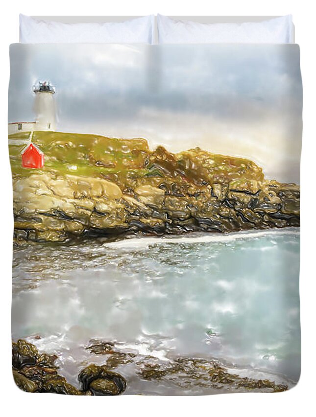 America Duvet Cover featuring the digital art Nubble lighthouse watercolor by Alexey Stiop