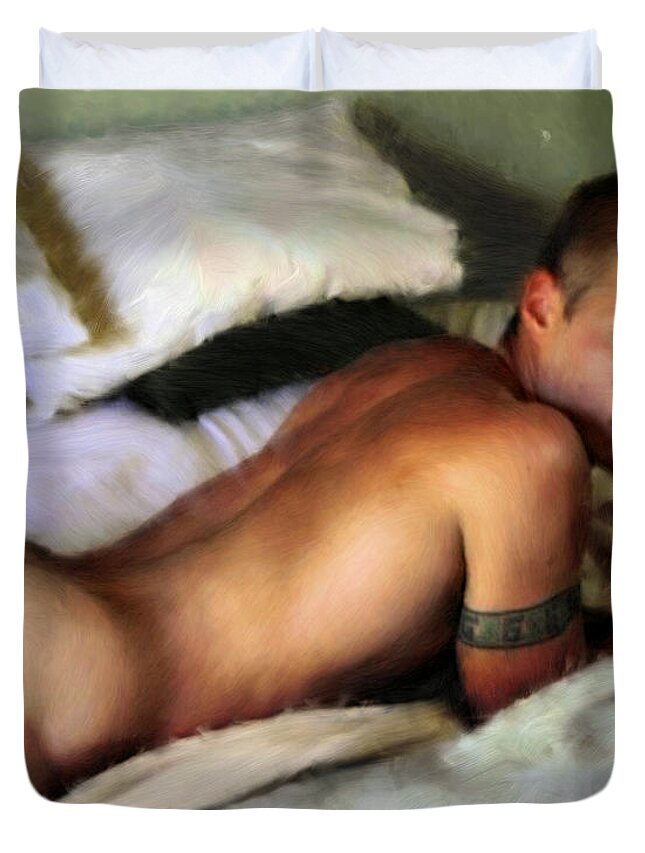 Nude Duvet Cover featuring the painting Nude on a Bed by Troy Caperton