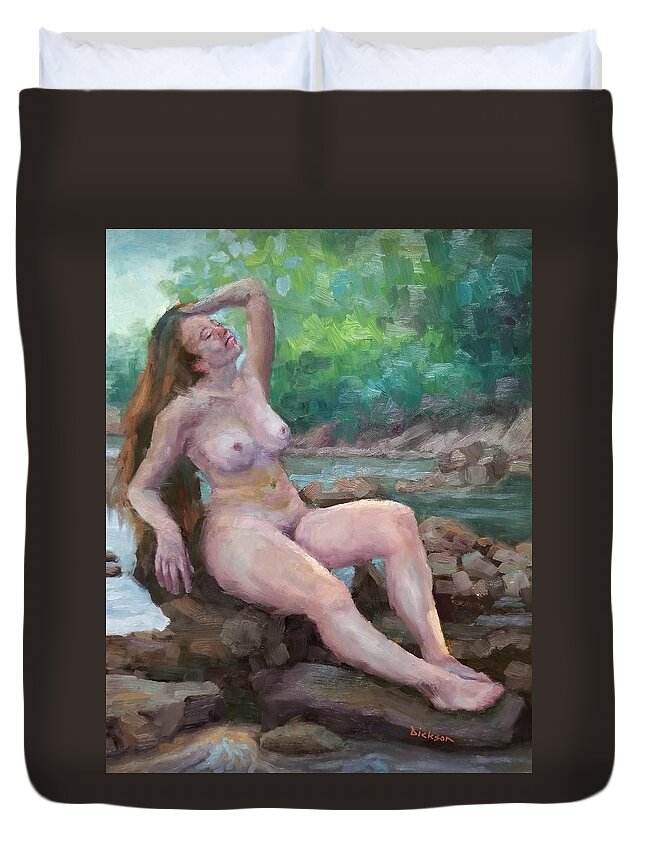 Plein Air Duvet Cover featuring the painting Nude woman by creek by Jeff Dickson