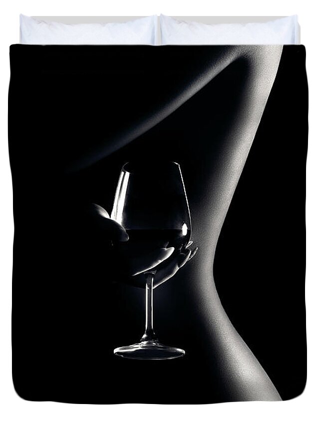 Woman Duvet Cover featuring the photograph Nude woman red wine 3 by Johan Swanepoel