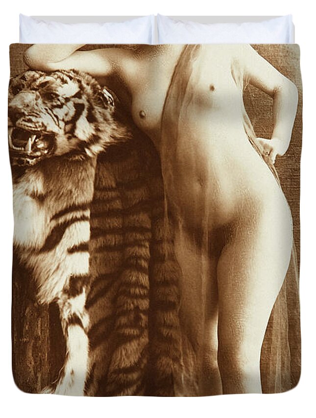 Nude Woman, Standing woman with tiger skin, 1890 Duvet Cover by French Nude Postcard