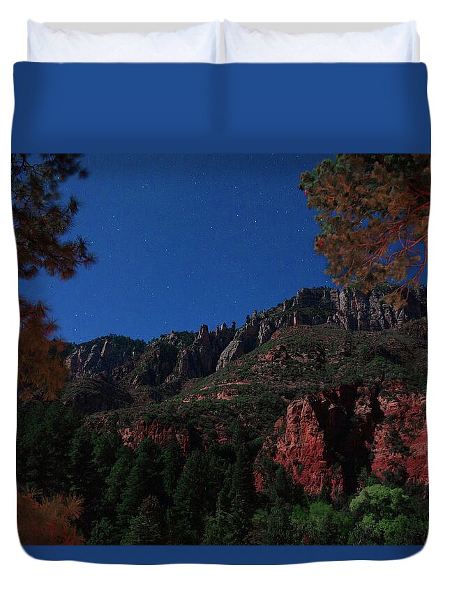 Landscape Duvet Cover featuring the photograph Oak Creek Canyon by Moonlight by Laura Tucker