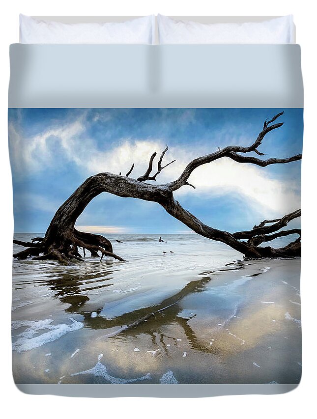Clouds Duvet Cover featuring the photograph Oak Tree Arbor at Low Tide at Jekyll Island by Debra and Dave Vanderlaan
