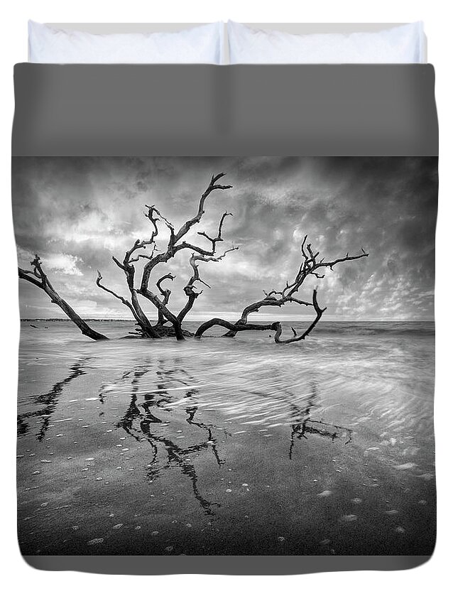 Clouds Duvet Cover featuring the photograph Oak Tree Standing in the Surf at Jekyll Island Black and White by Debra and Dave Vanderlaan
