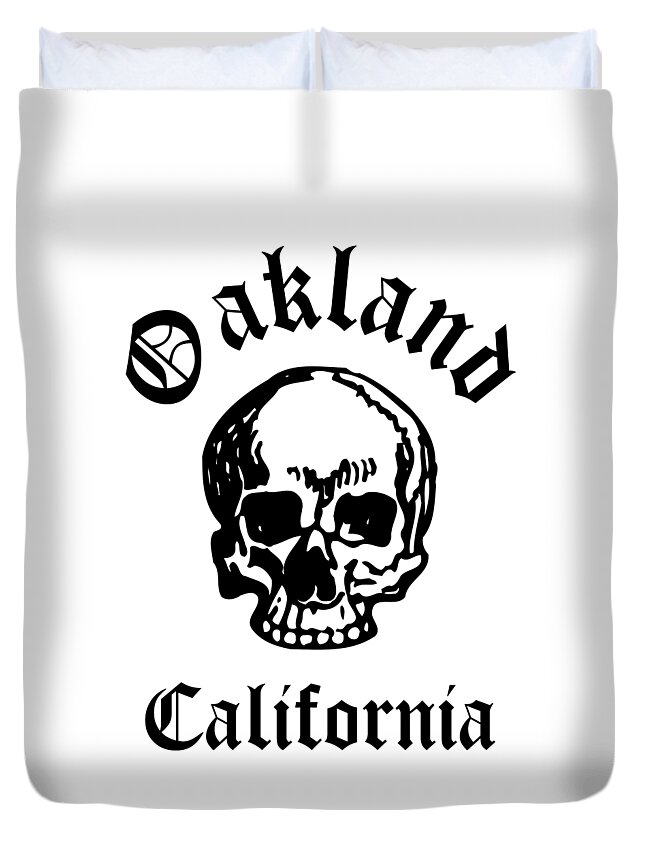 Oakland Duvet Cover featuring the drawing Oakland California Hardcore Streets Urban Streetwear White Skull, Super Sharp PNG 2 by Kathy Anselmo