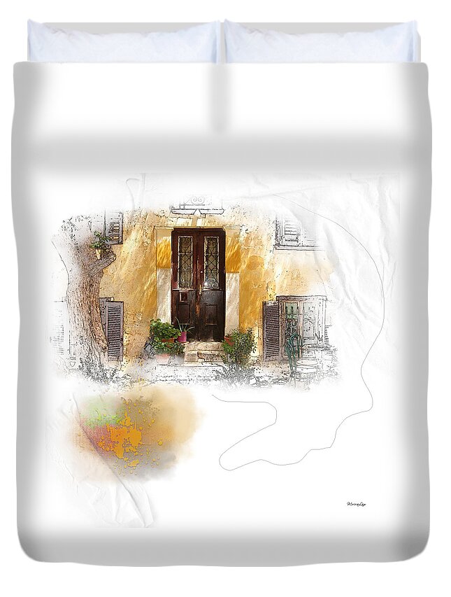 Golden Duvet Cover featuring the mixed media Oasis An Urban Courtyard by Moira Law