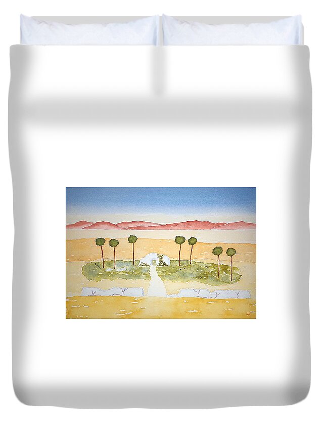 Watercolor Duvet Cover featuring the painting Oasis of Lore by John Klobucher