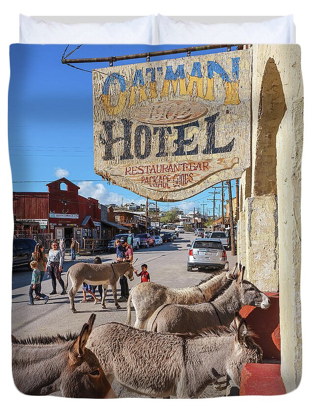 Oatman Duvet Cover featuring the photograph Oatman Hotel Check In, Arizona by Don Schimmel