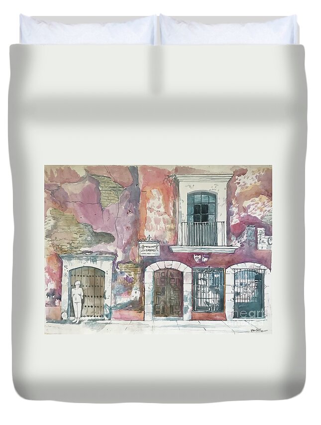 #oaxaca #street #streetscene #wall #doors #windows #watercolor #watercolorpainting #glenneff #picturerockstudio #thesoundpoetsmusic Duvet Cover featuring the painting Oaxaca Street by Glen Neff