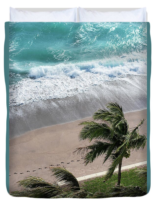 Palms Duvet Cover featuring the photograph Ocean Blue Waves and Palms Beach Aerial by Laura Fasulo