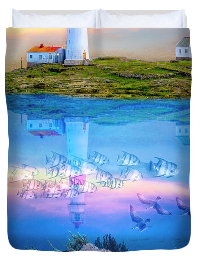 Birds Duvet Cover featuring the digital art Ocean's Jewels Lighthouse and Reef by Debra and Dave Vanderlaan