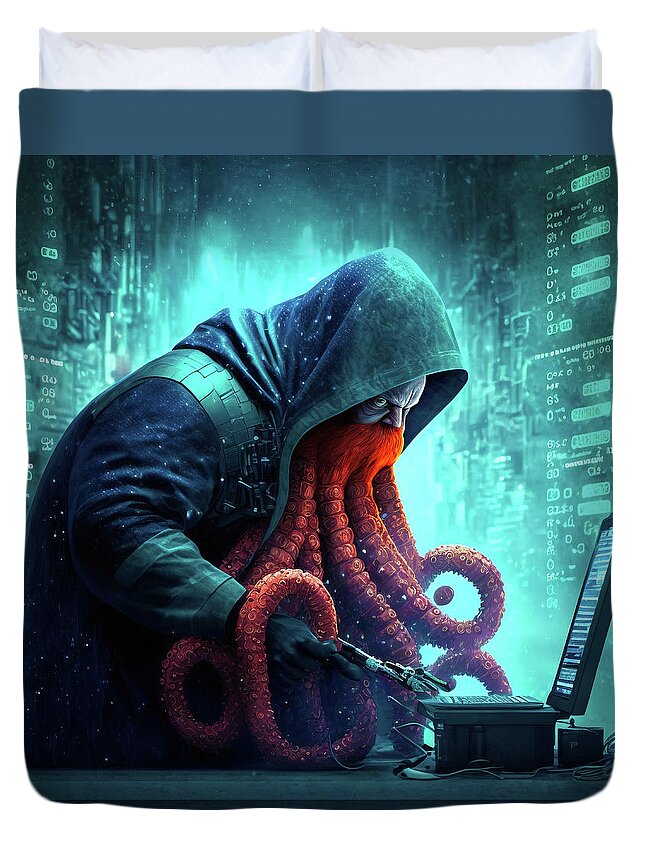 Programmer Duvet Cover featuring the digital art Octopus Hacker writing Code 03 by Matthias Hauser