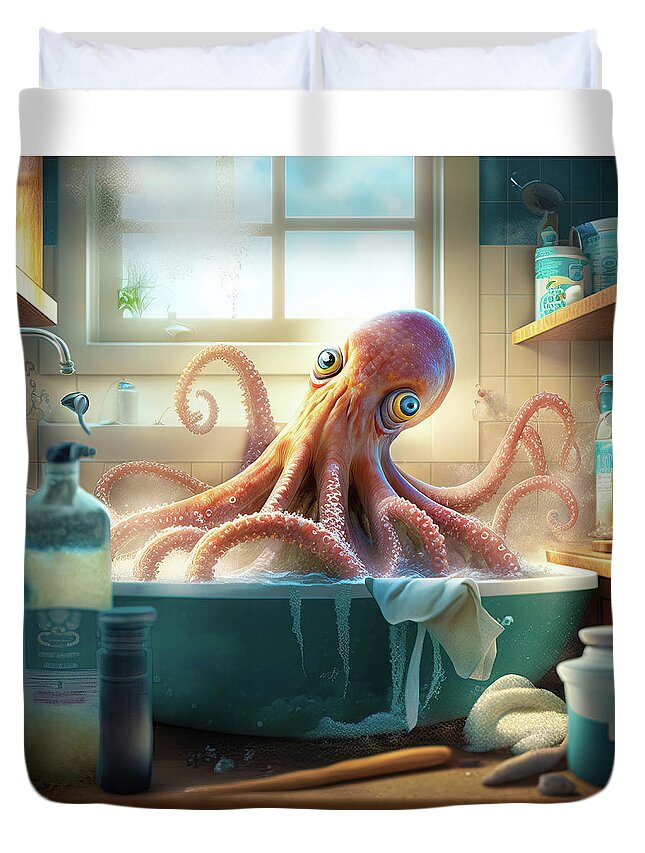 Octopus Duvet Cover featuring the digital art Octopus in the Kitchen 01 by Matthias Hauser