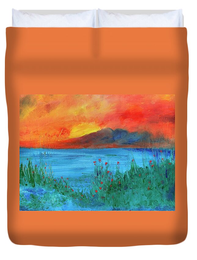 Sunset Duvet Cover featuring the painting Ode to Wildflowers at Sunset by Susan Grunin