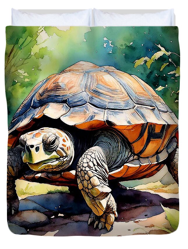 Tortoise Duvet Cover featuring the mixed media Off For A Stroll by Pennie McCracken