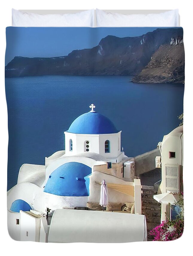 Santorini Duvet Cover featuring the photograph Oia Santorini Blue Domes by Rebecca Herranen