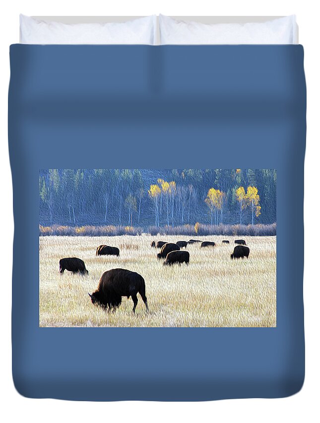 Bison Duvet Cover featuring the photograph Painting of Grazing Bison by Robert Carter