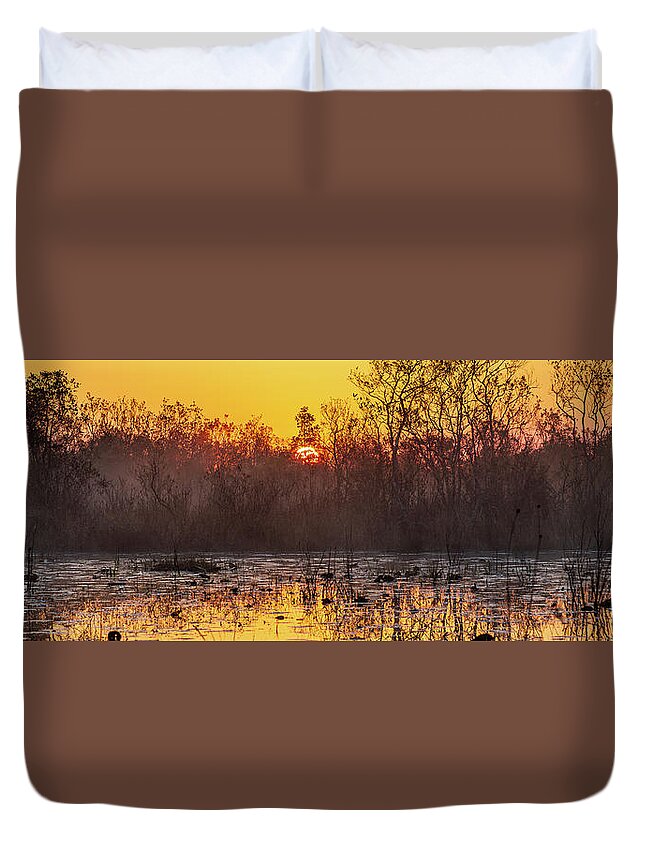 Okefenokee Duvet Cover featuring the photograph Okefenokee Sunrise Panorama by Stefan Mazzola