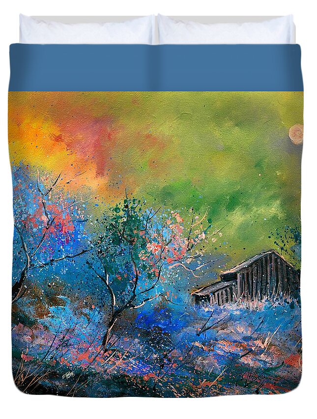 Landscape Duvet Cover featuring the painting Old barn at dawn by Pol Ledent
