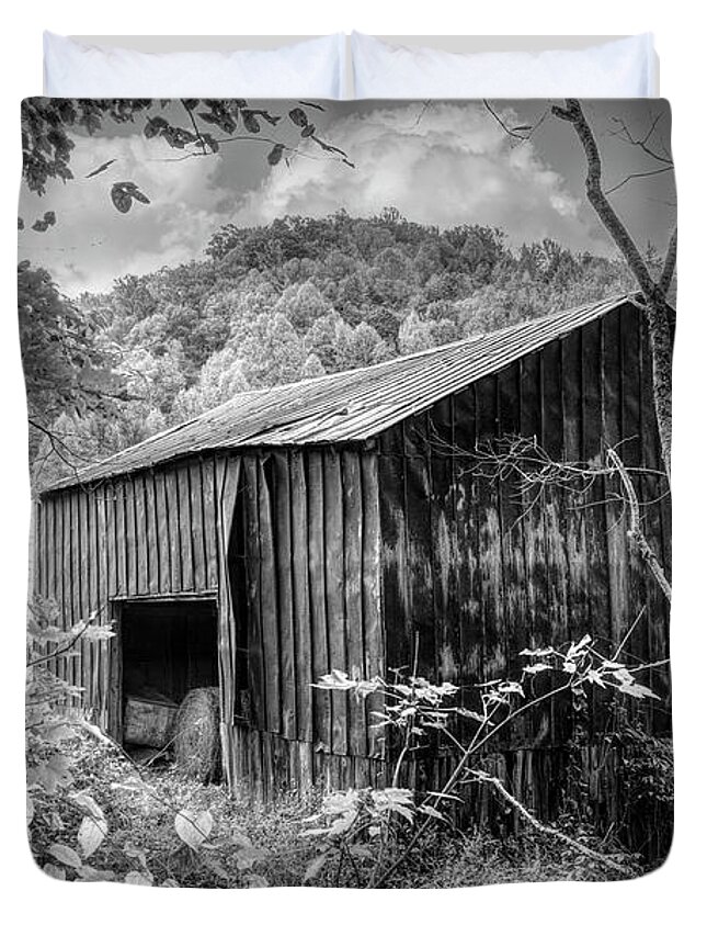 Barns Duvet Cover featuring the photograph Old Barn Pastures Creeper Trail in Autumn Fall Black and White D by Debra and Dave Vanderlaan