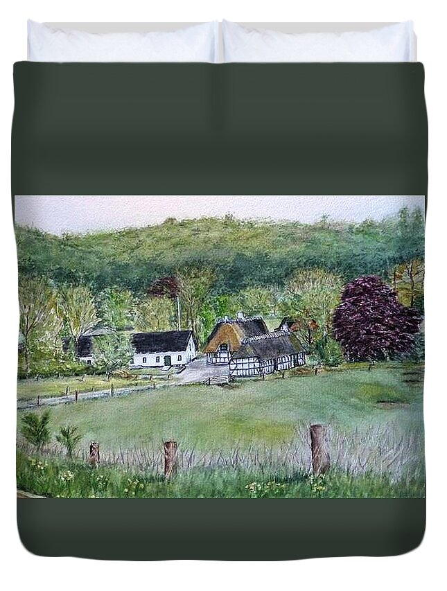 Landscape In Denmark Duvet Cover featuring the painting Old Danish Farm House by Kelly Mills