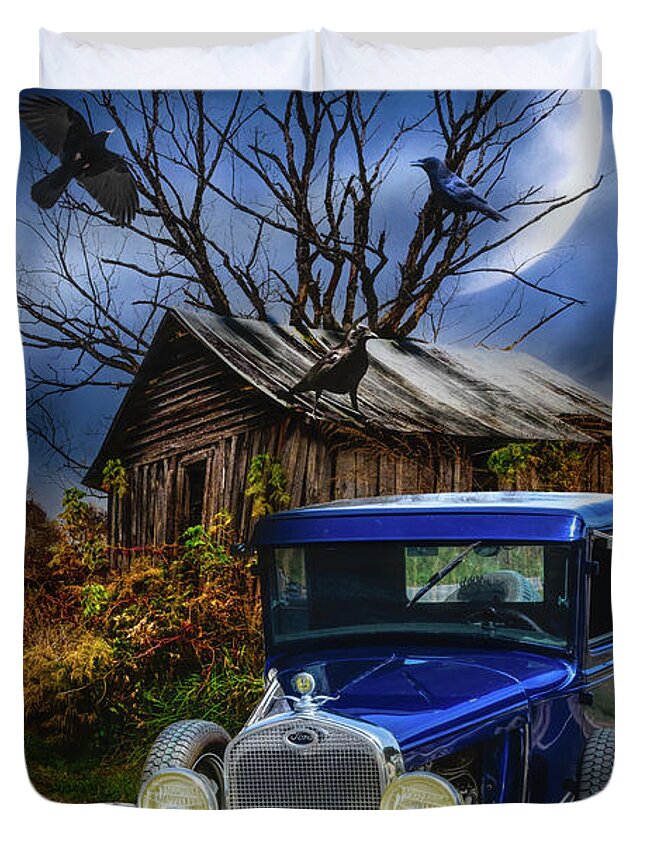 Ford Duvet Cover featuring the photograph Old Ford under the Autumn Moon by Debra and Dave Vanderlaan
