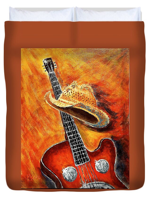 Music Duvet Cover featuring the painting Old Hat, New Axe by Mike Kling