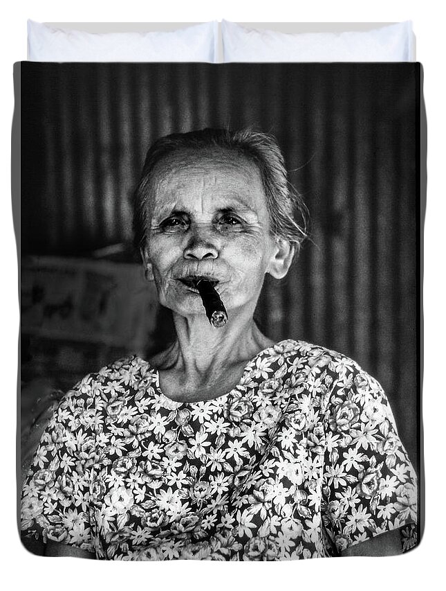 Filipina Duvet Cover featuring the photograph Old lady smoking cigar by Jeremy Holton